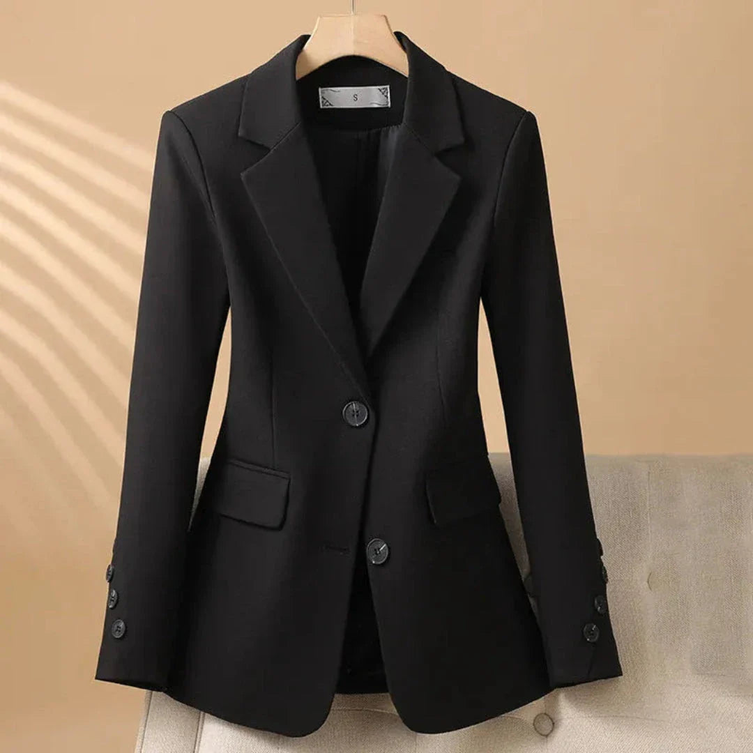 Women's ivory tailored single-breasted blazer with contrast buttons and structured lapel