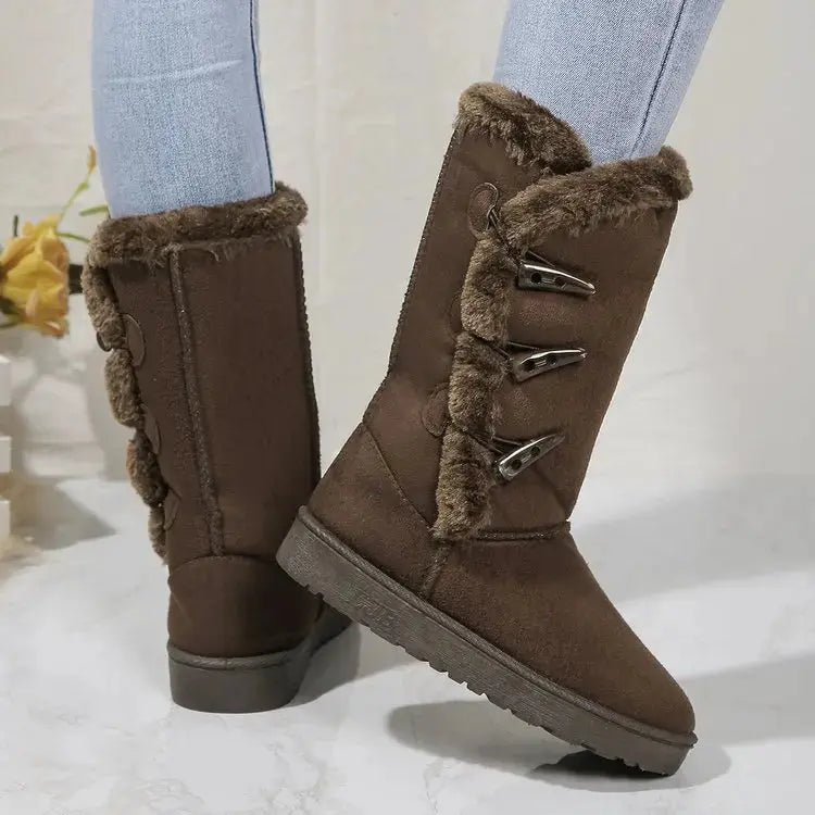 Women's mid-calf plush snow boots, warm wool-lined winter footwear with rugged outsole