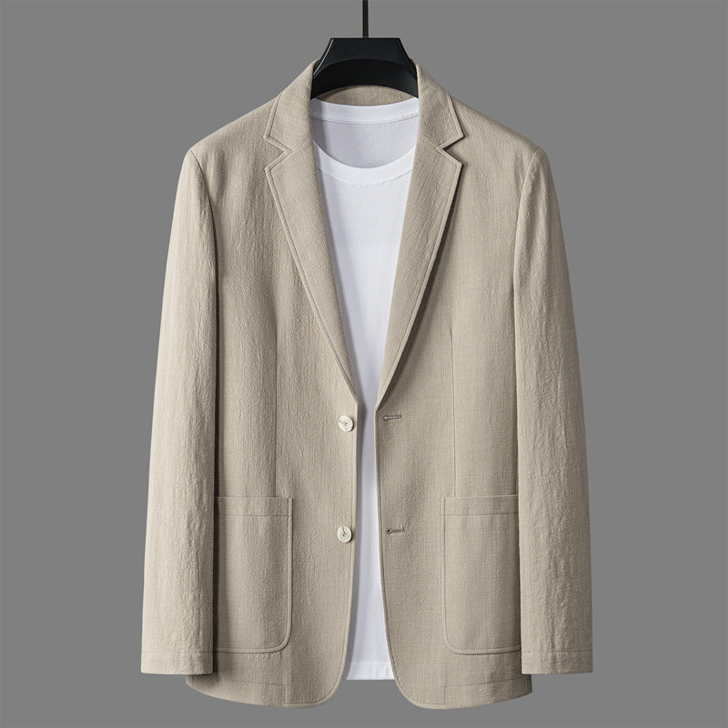Relaxed-fit linen blazer in natural beige with breathable lightweight fabric for casual coastal style
