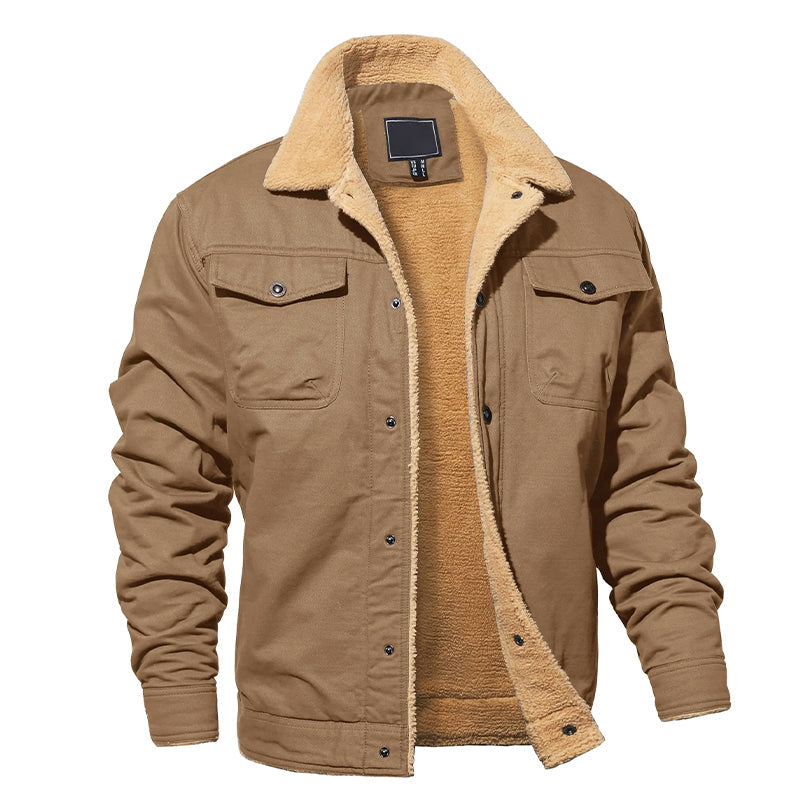 Men's cotton canvas cargo jacket with sherpa fleece lining, rugged everyday outerwear for cold weather