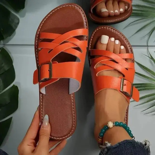 Women's beige cross-hollowed summer flat slippers with openwork strap design for breathable casual style