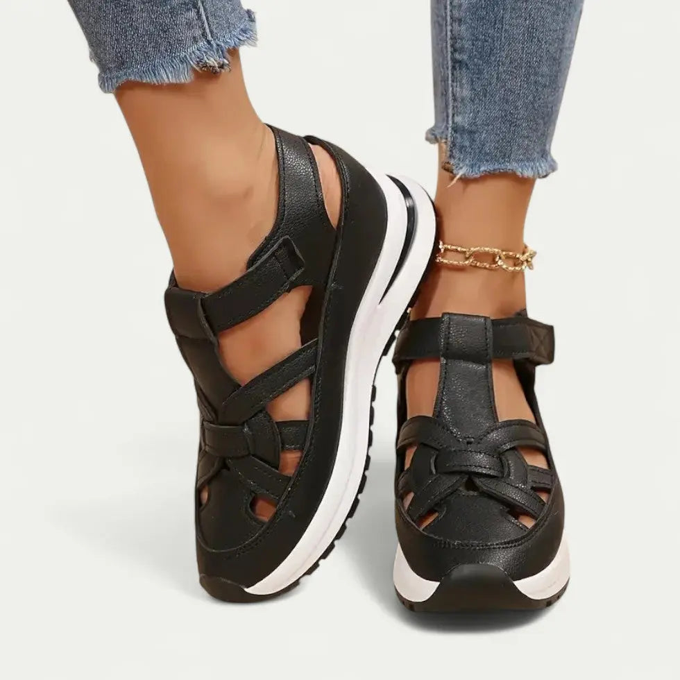Women's white cushioned walking sandals with memory foam insole, comfort support, and PU leather upper