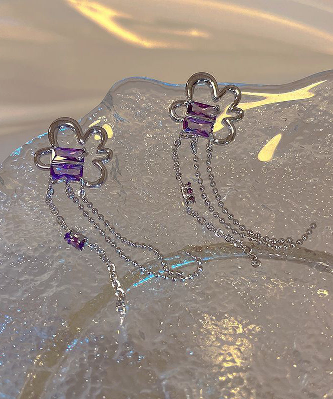 Jolies boucles d'oreilles pendantes à pampilles florales en argent sterling violet - Wavlynn