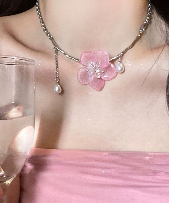 Collier pendentif à pompon floral en acier inoxydable rose rétro mignon avec perles - Wavlynn