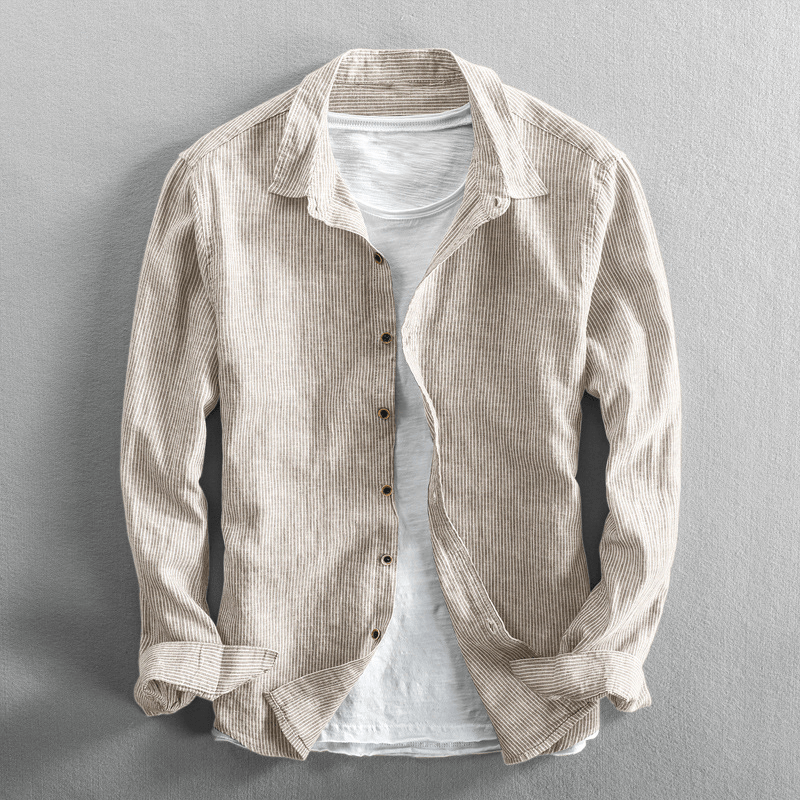 Men's cotton linen striped shirt regular fit long sleeve breathable button closure casual semi-formal
