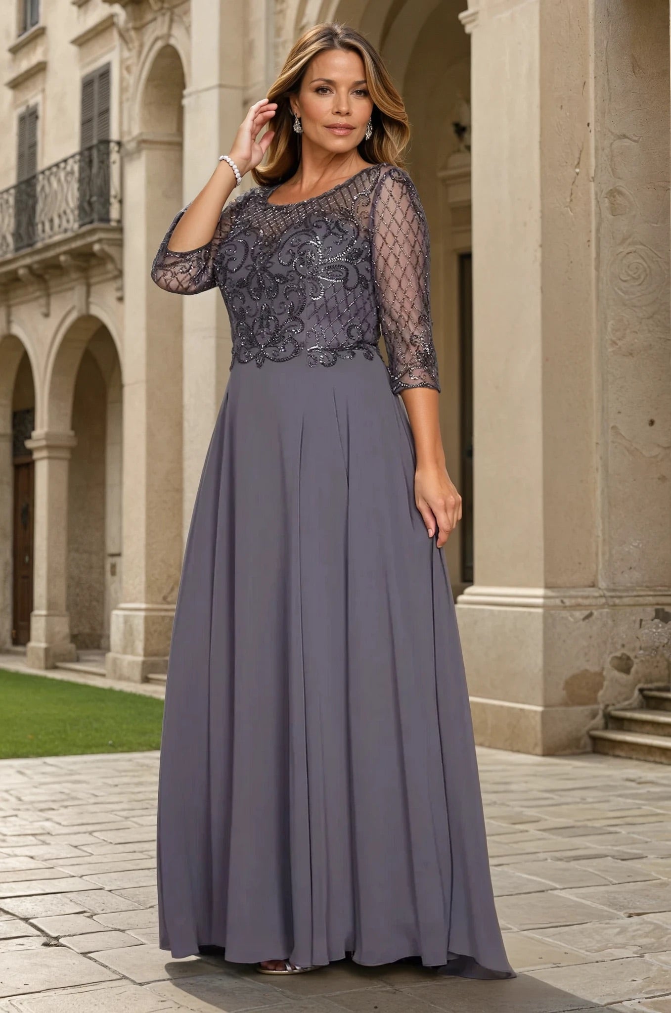 Wavlynn Hand Beaded Long Sleeve Mother Of The Bride Dress