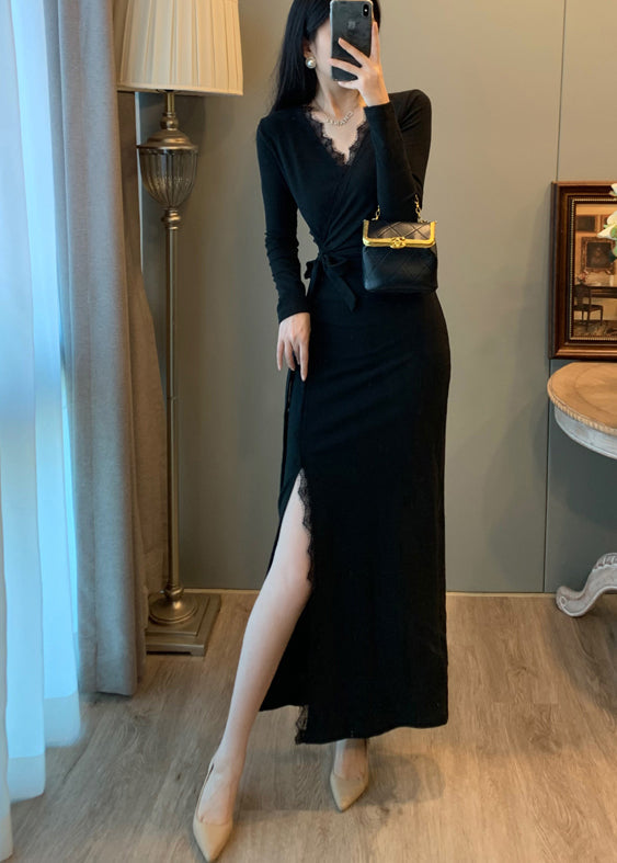 Robe longue Γ col montant et Γ ouverture latΓ©rale en patchwork de cils noirs - Wavlynn