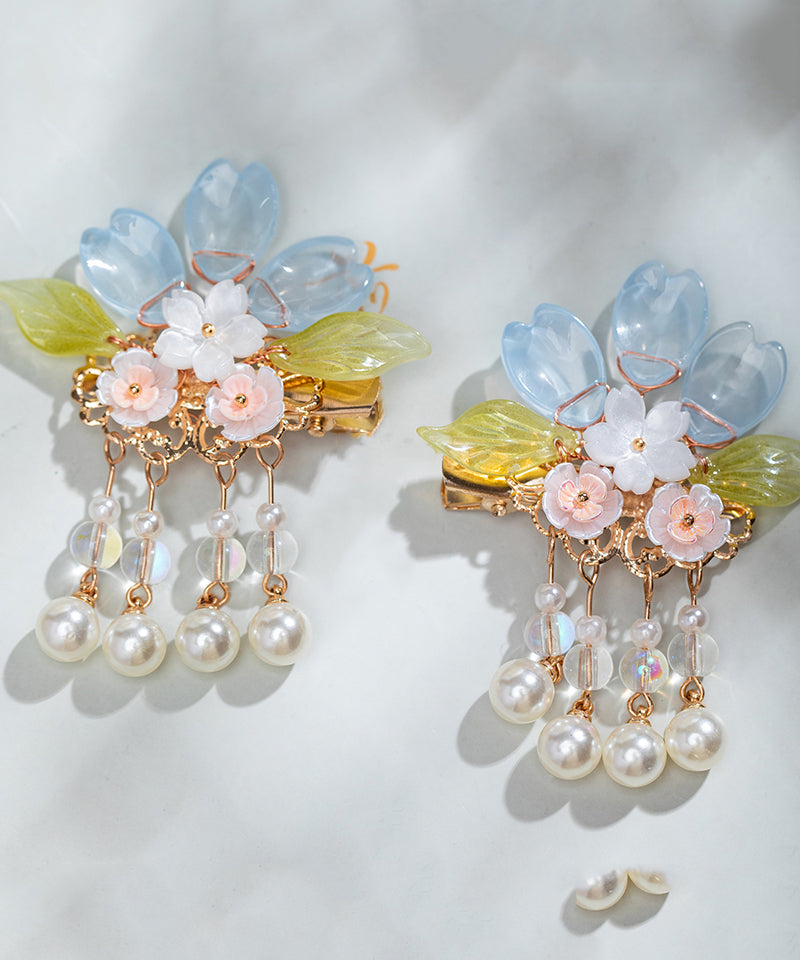 Paire d'Γ©pingles Γ cheveux Γ pompon floral en alliage de cuivre et perles colorΓ©es pour filles - Wavlynn