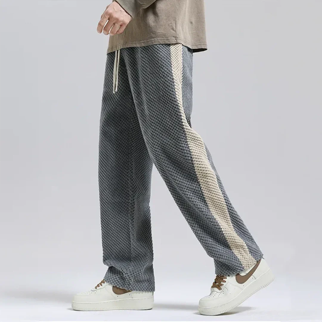 Gray waffle-knit joggers with contrast side stripe and adjustable drawstring waistband