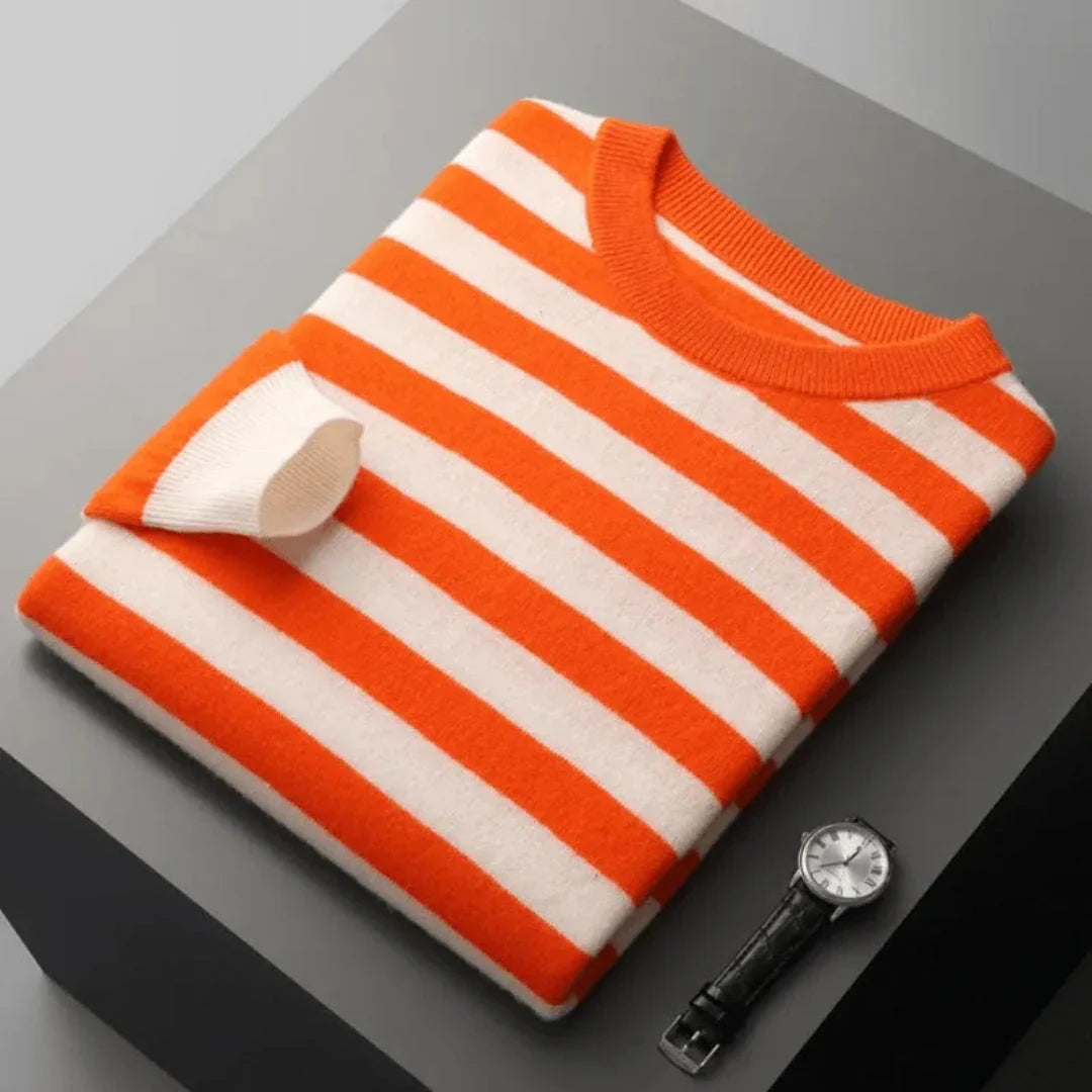 Dariel crewneck wool stripe sweater in bold nautical colors with ribbed cuffs and classic knit finish
