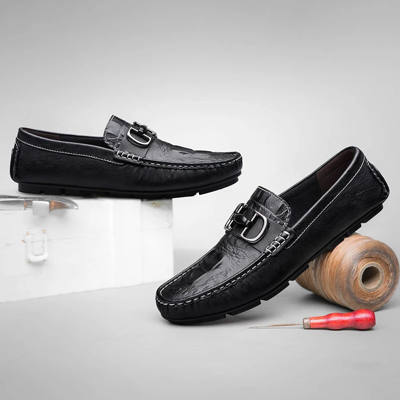 Dasio men's genuine leather loafers in distressed finish with polished metal buckle accent