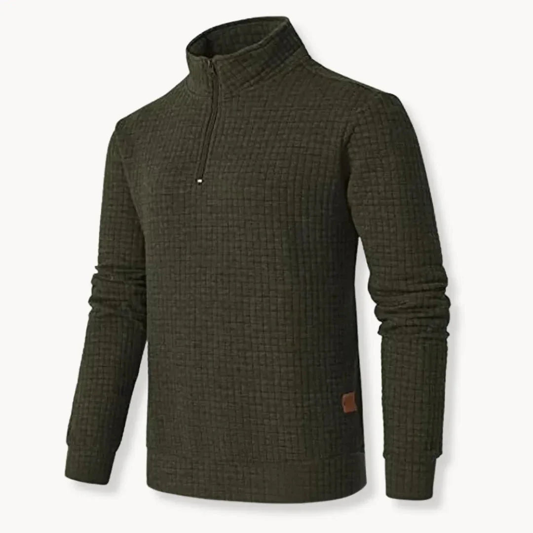 Men's oversized grey waffle-knit pullover with half-zip mock neck and ribbed cuffs