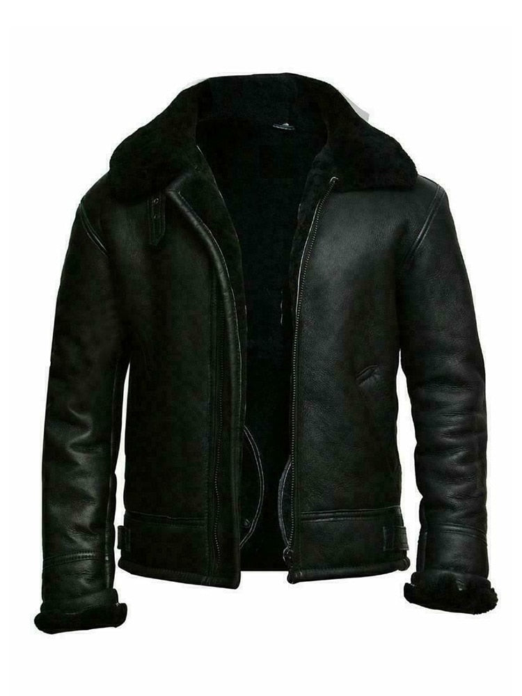Men's slim fit black leather look jacket with faux shearling lining, short length zip front winter coat