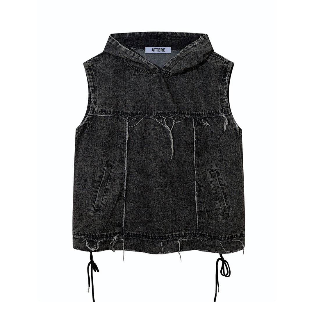 Washed denim sleeveless hooded vest with frayed edges, rugged contemporary style for layering
