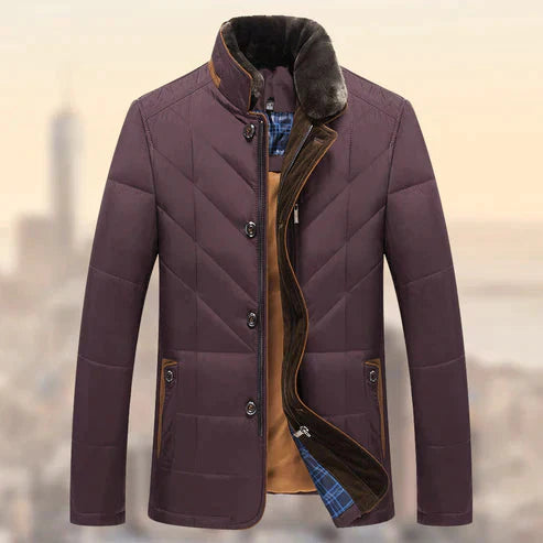 Men's navy quilted padded winter jacket slim tailored fit with stand collar insulation
