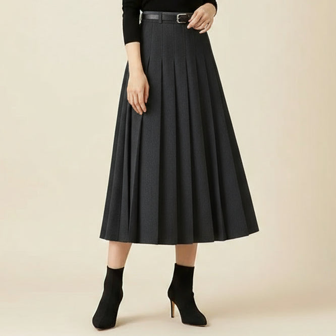 Women's pleated midi skirt high-waist A-line silhouette with removable belt cotton-poly blend