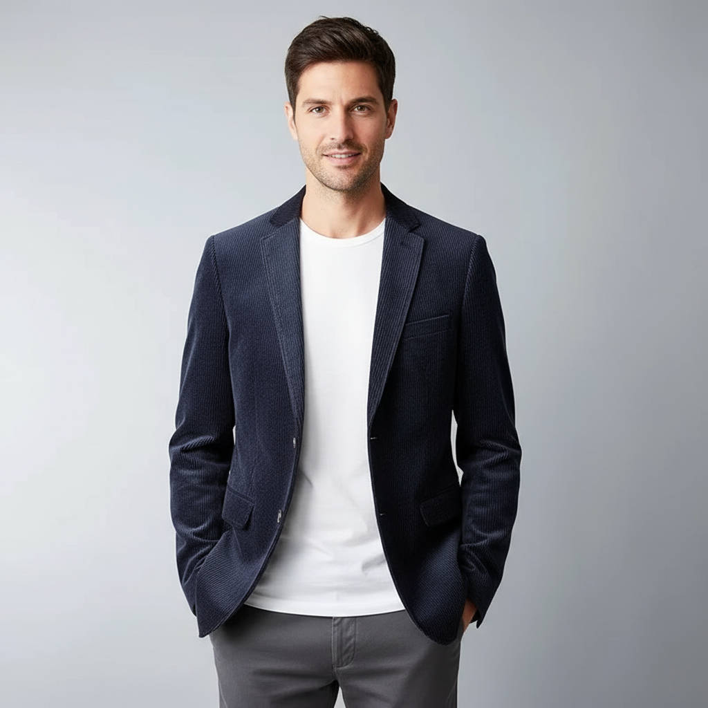 Men's fine corduroy blazer tailored fit stretch cotton-polyester blend wrinkle-resistant dressy casual jacket