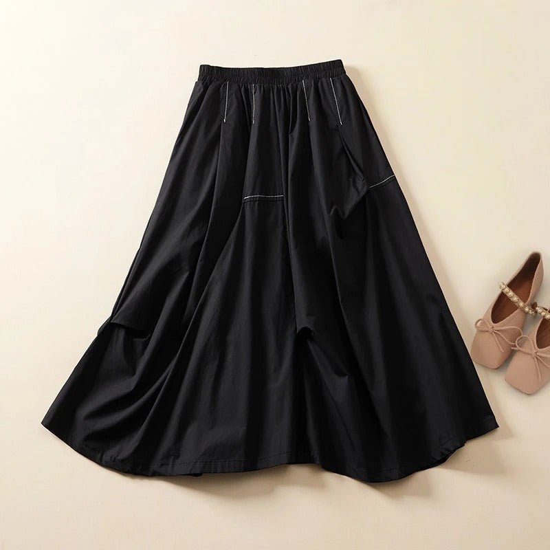 Beige cotton-linen flowy drape skirt with sculptural silhouette and elastic waistband