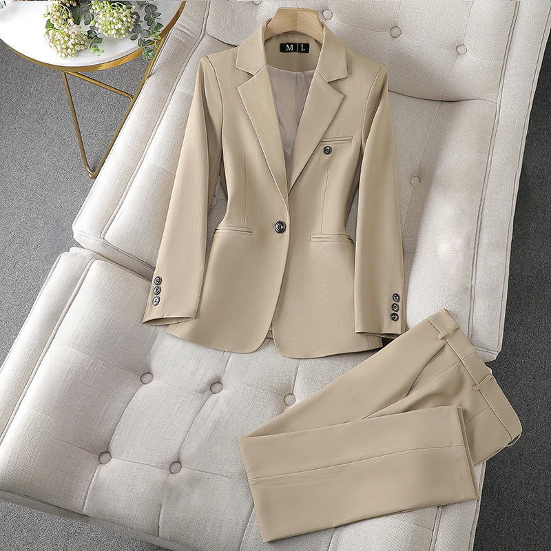 Navy blue lapel collar blazer and matching pants executive duo set with single button closure
