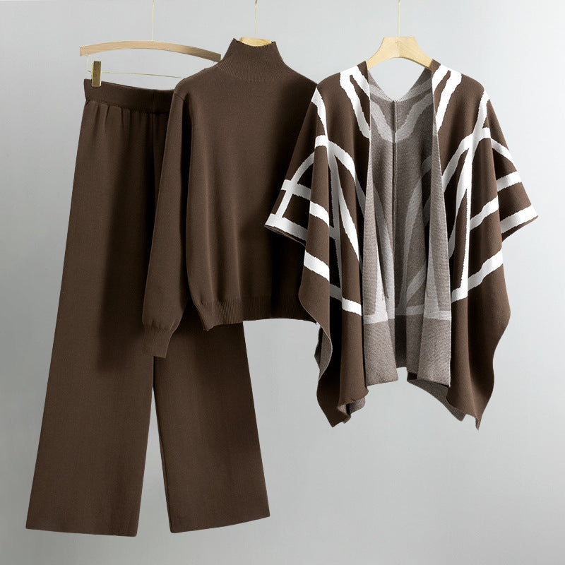 Earthy striped knit 3-piece set with wide-leg pants, sweater, and open cardigan in viscose blend