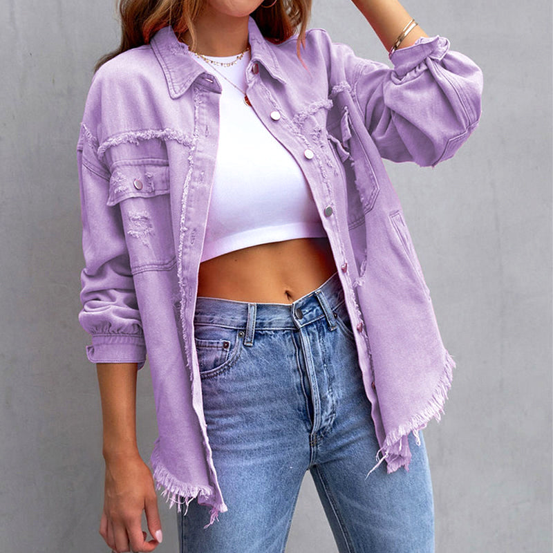 Elise Leroy women's floral jacket ripped design fold-down collar bold solid colors button closure