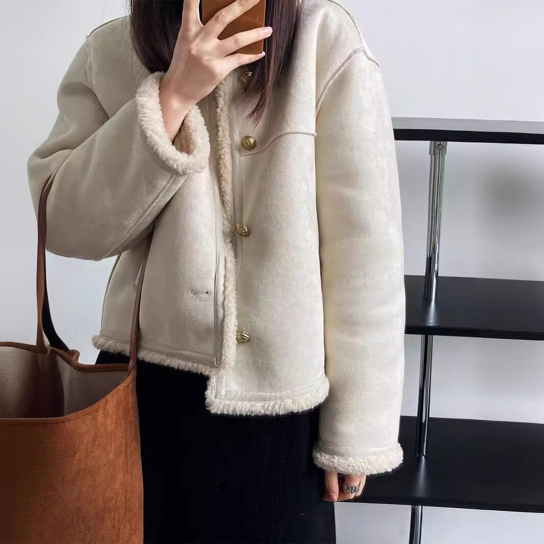 Unisex beige sherpa-lined cotton-poly coat with cozy plush texture and warm chic silhouette