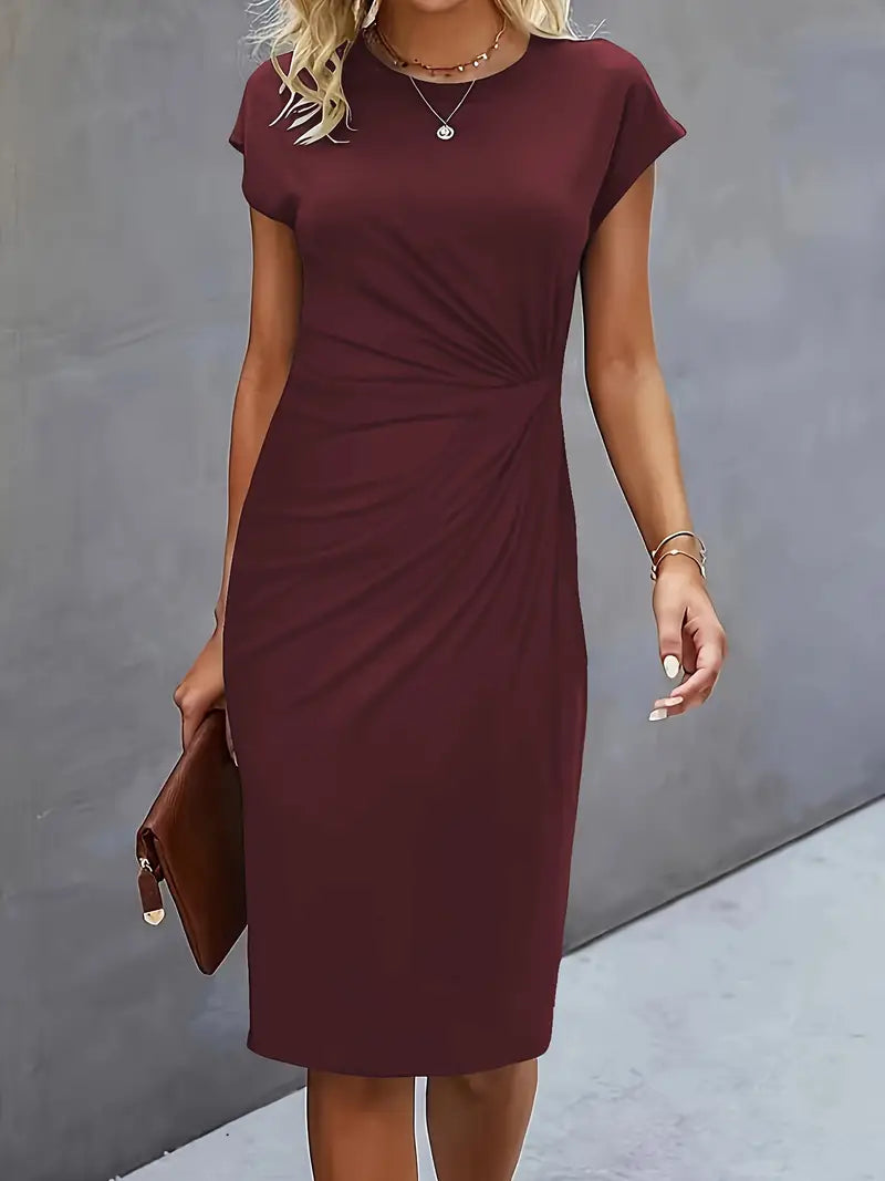 Women's blue bodycon midi dress with cap sleeves and twist-ruched waist for a sculpted silhouette