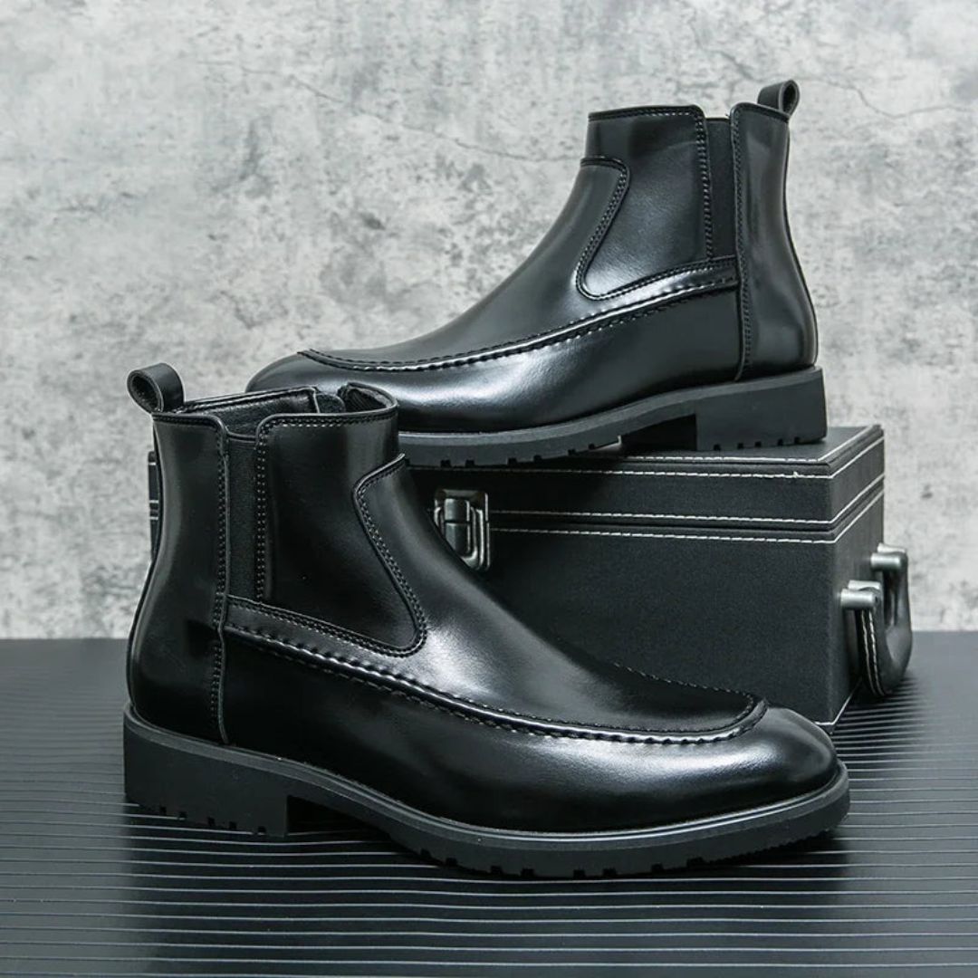 Men's black premium leather Chelsea boots with elastic side panels for formal business wear