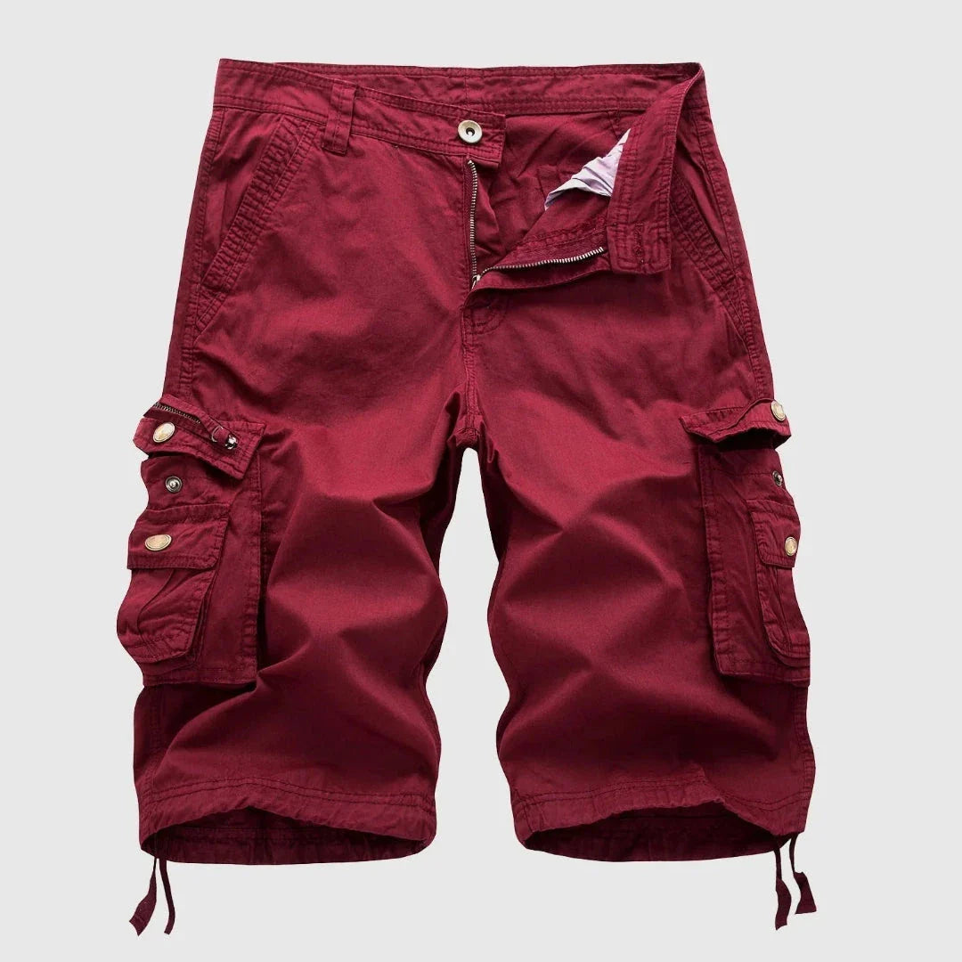 Men's khaki relaxed-fit cargo shorts with multiple flap pockets, durable 100% cotton for summer outdoor