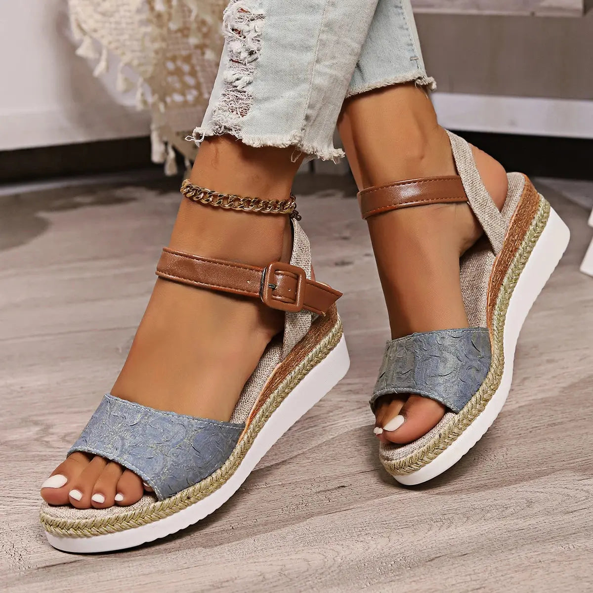 Women's espadrille wedge sandals open-toe neutral style with braided jute platform sole