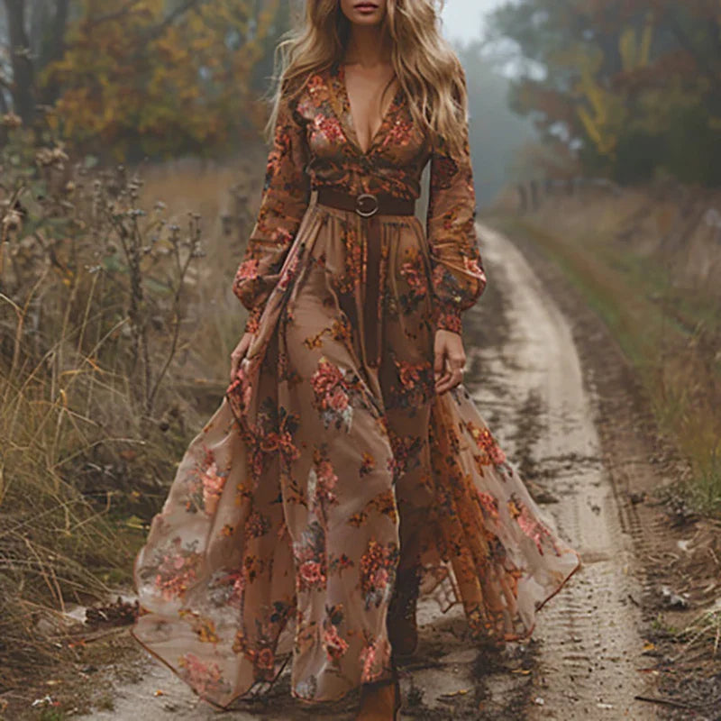 Bohemian floral maxi dress in vibrant multicolor print, flowy silhouette with vintage boho-chic style