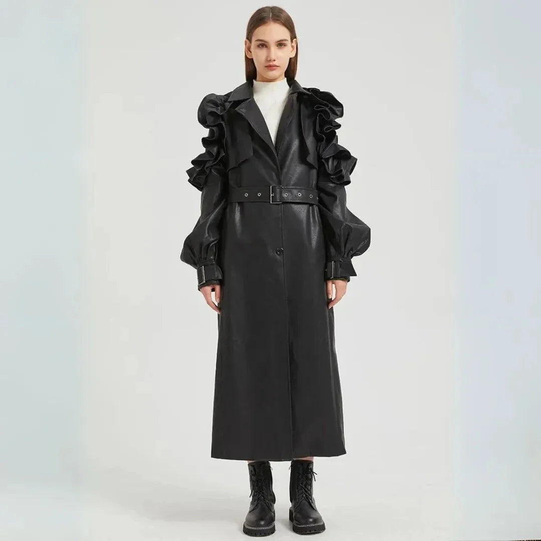 Black silk satin Sleeveless Ruffle Trench Coat  - (50% OFF )