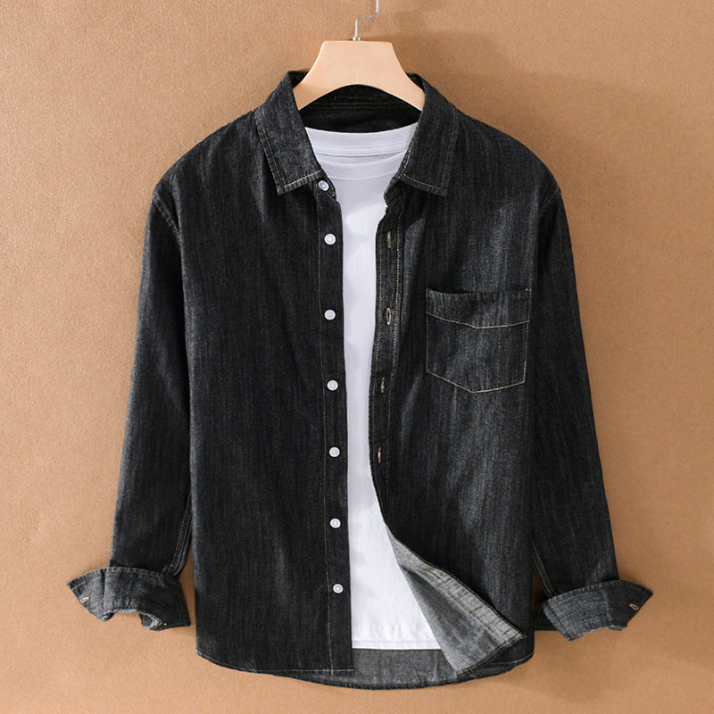 Felix Grant classic long-sleeve denim shirt in black cotton blend with turn-down collar and button closure