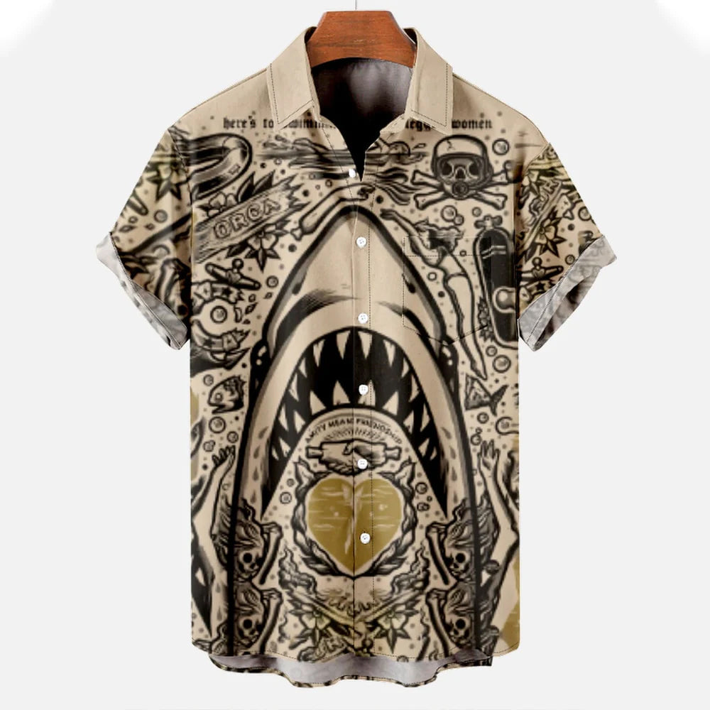 Blue short sleeve polyester button-up shirt featuring an all-over shark print crystal lagoon design
