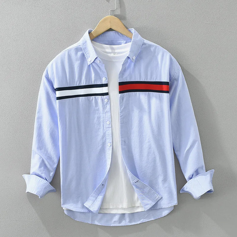 White and blue cotton blend button-up shirt with red color block detail, turn-down collar, casual style