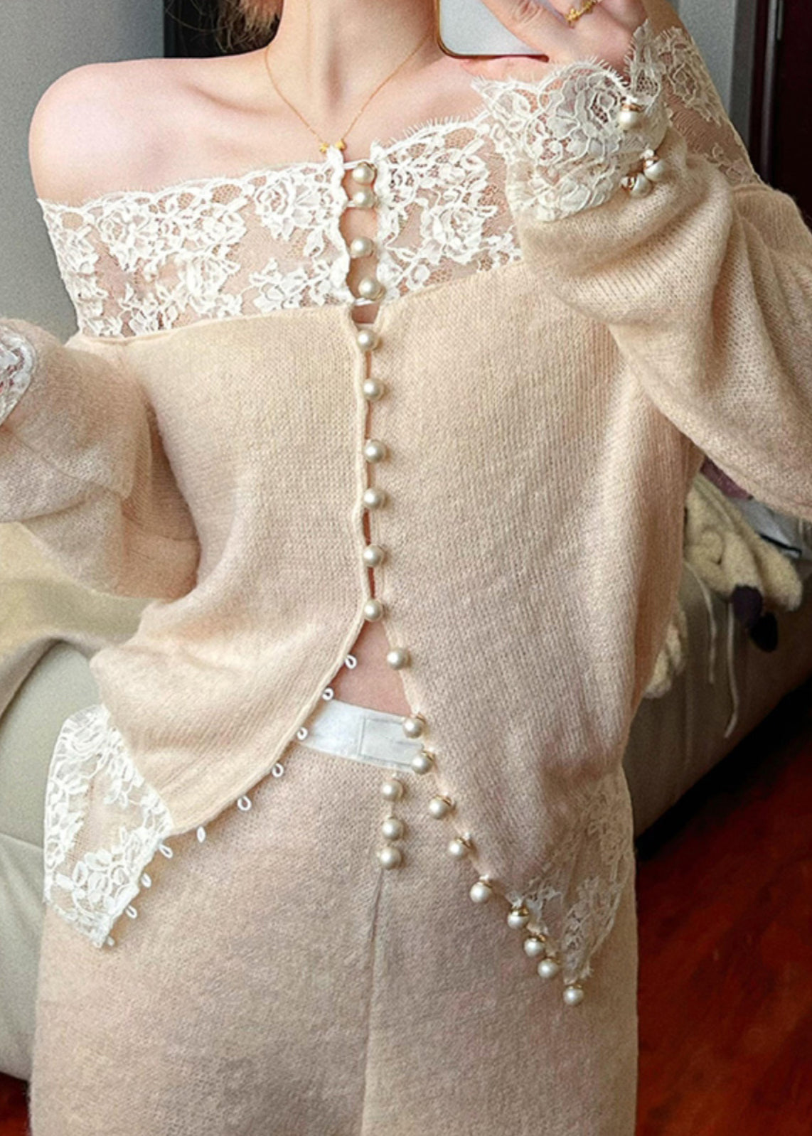 Ensemble deux pièces en maille patchwork de dentelle à col bateau et abricot fin, printemps - Wavlynn