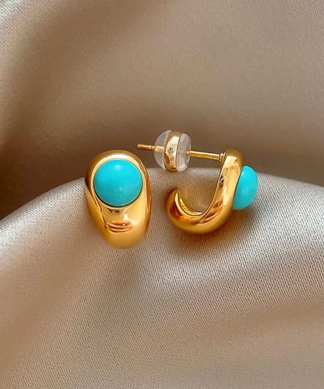 Boucles d'oreilles Γ tige en forme de C avec turquoise et alliage de cuivre dorΓ© fin - Wavlynn