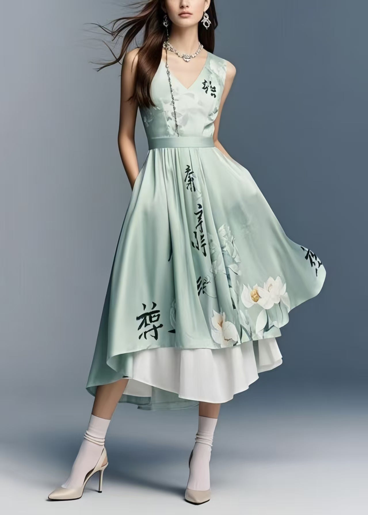 Wavlynn Silk Blend Patchwork Black Summer Dress with Side Opening for Day to Night Wear