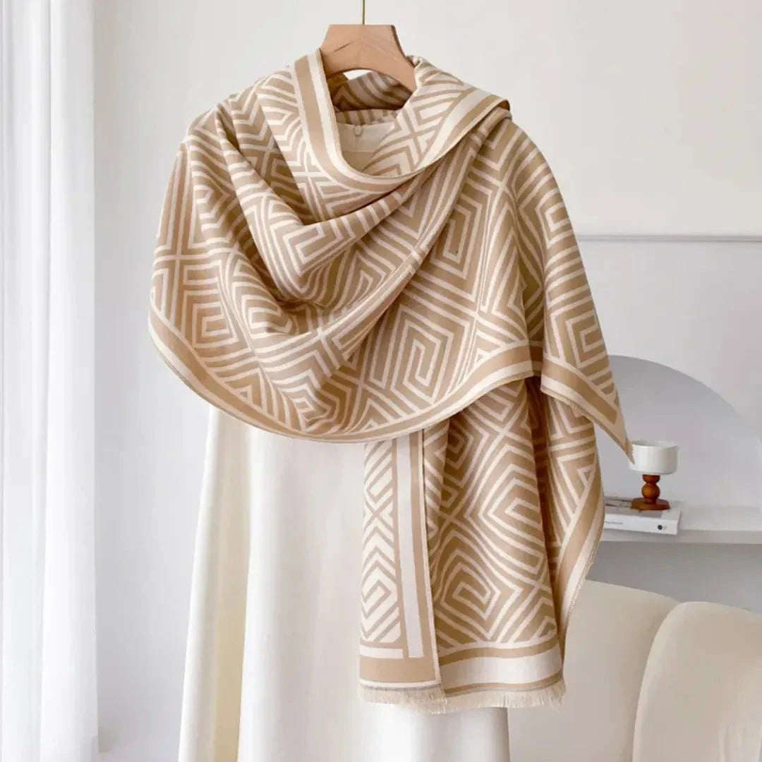 Reversible geometric print shawl in soft premium knit, featuring an intricate maze pattern for modern layering