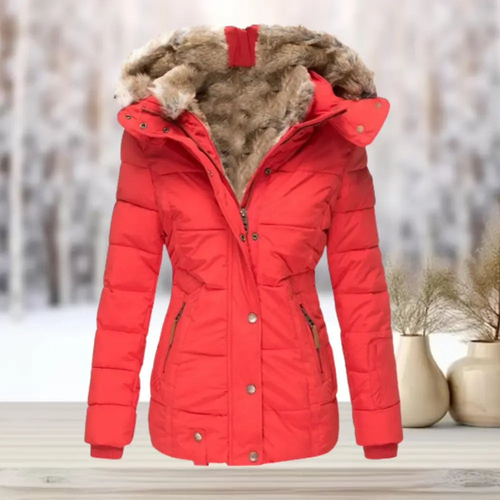 Women's lightweight puffer jacket with plush faux fur lining, slim silhouette, ideal for winter warmth
