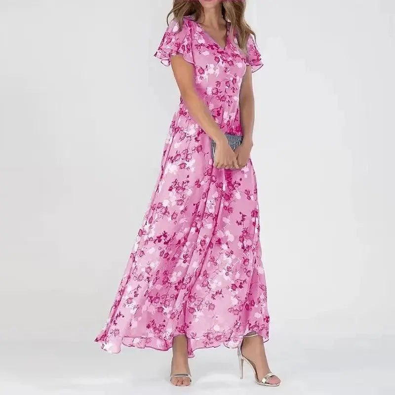Women's floral maxi dress in vibrant print, effortless boho silhouette with tummy-friendly cut