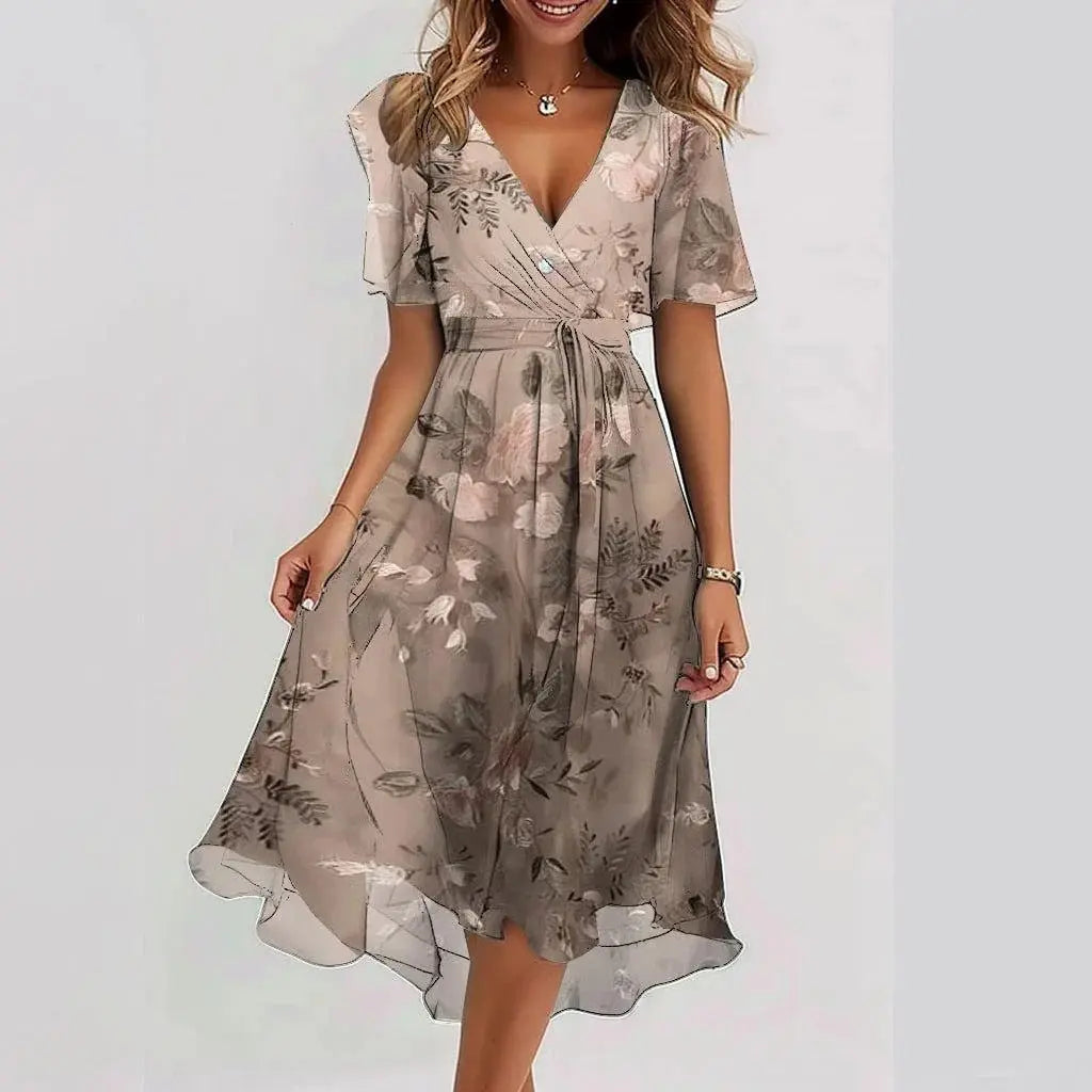 Women's floral midi dress, flowing A-line cut in vibrant summer print, waist-fitted elegant silhouette