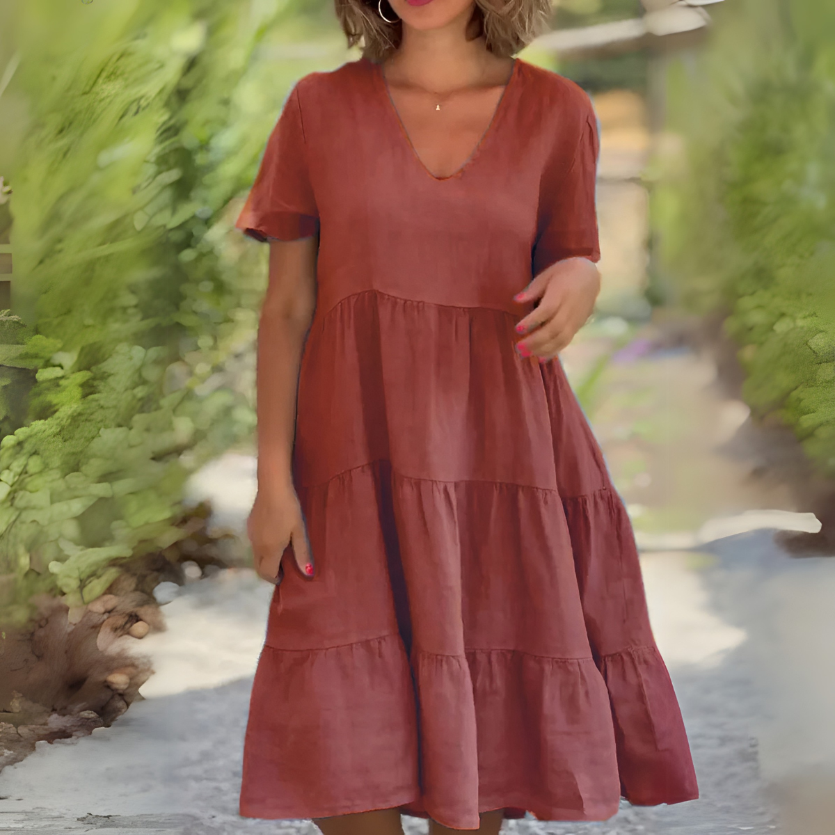 Women's flowy V-neck tummy control dress in elegant draping silhouette for effortless style