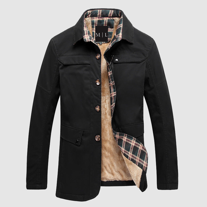 Men's mid-length fleece lined jacket regular fit button front flap pockets everyday outerwear