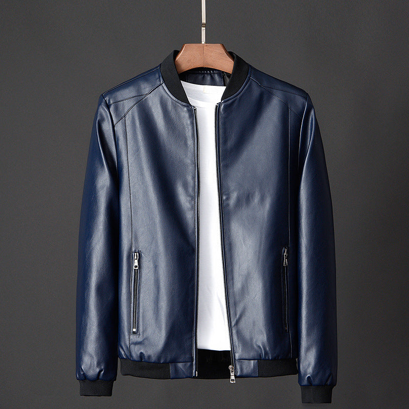 Black unisex bomber leather jacket with stand collar, zipper pockets, and sleek PU leather finish