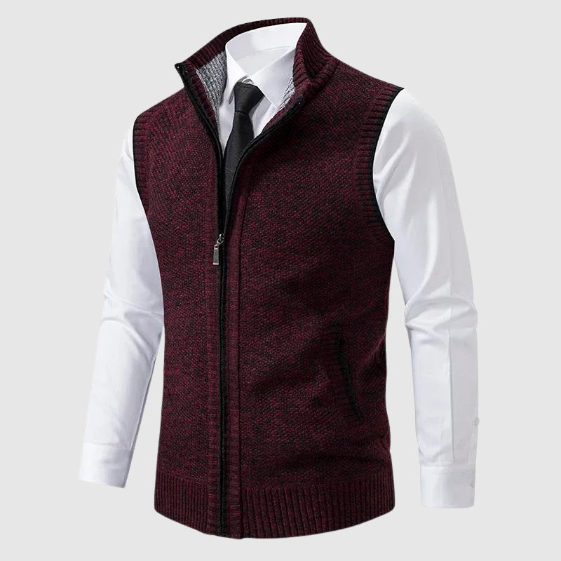 Men's gray wool-blend zip-up sweater vest regular fit sleeveless knit layering piece by Wavlynn
