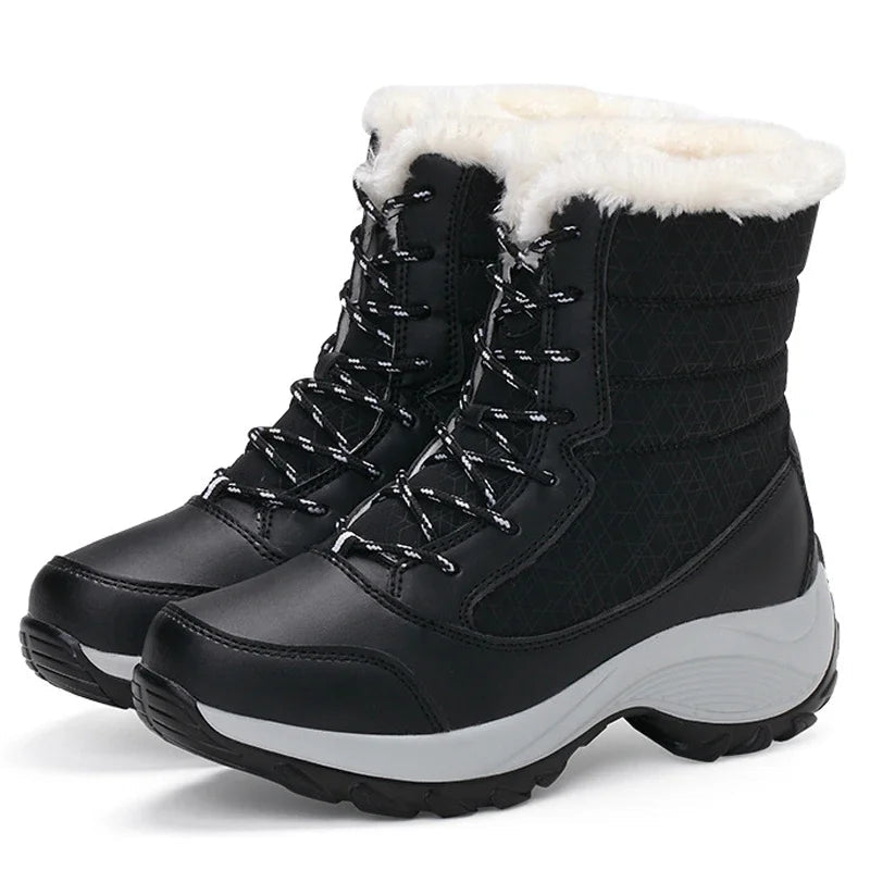 Women's black fur-lined platform snow boots with plush insulation and chunky sole for winter