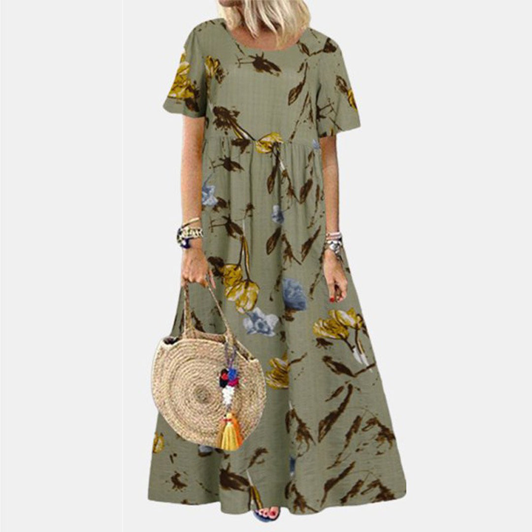 Women's loose-fit floral print maxi dress, short sleeve cotton blend, relaxed silhouette