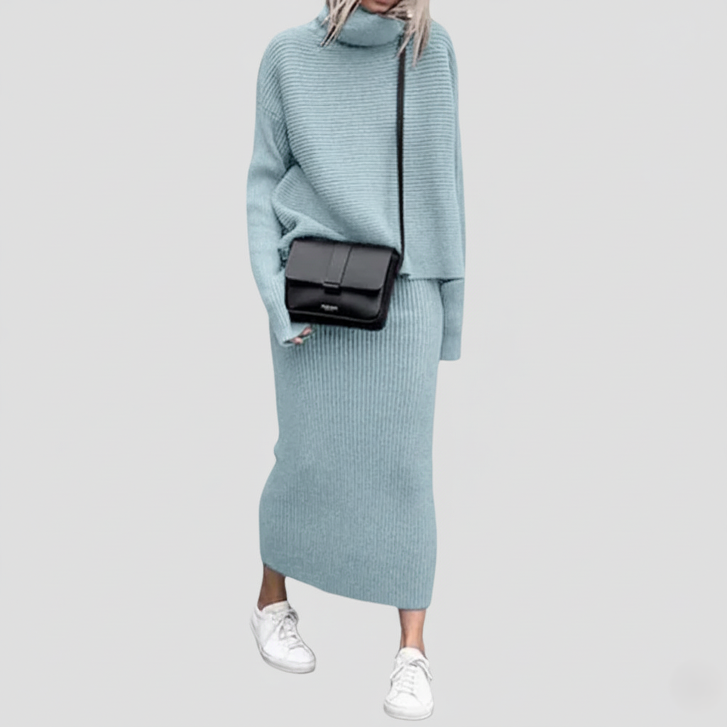 Women's ribbed knit turtleneck and slim-fit midi skirt two-piece set, coordinated chic look