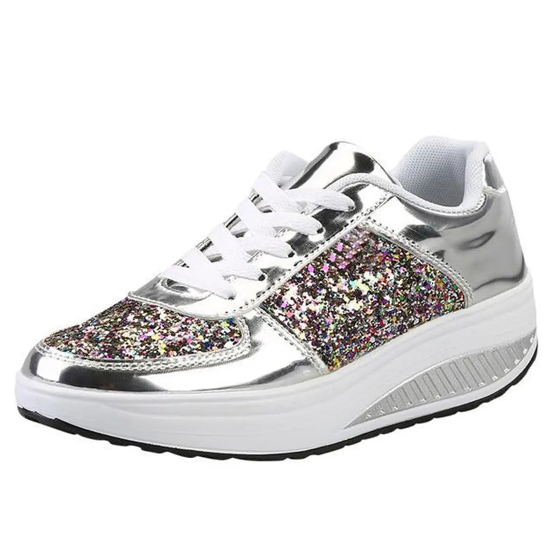 Women's cushioned platform sneakers in glitter fabric, stylish height-boosting design for all-day comfort